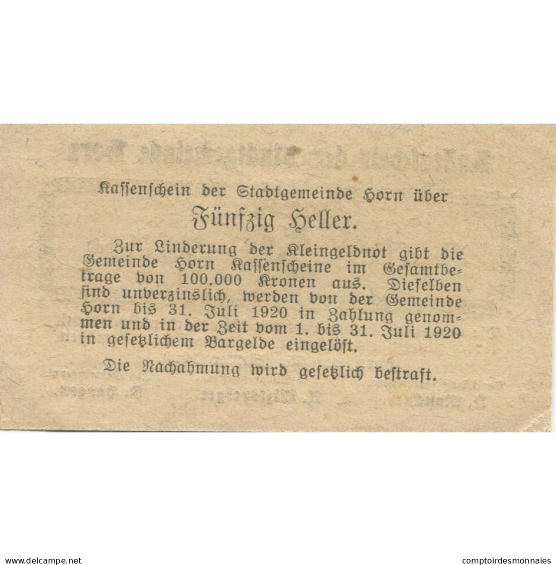 Billet, Autriche, Horn, 50 Heller, Texte, 1920, 1920-07-31, SPL, Mehl:FS 397I - Autriche