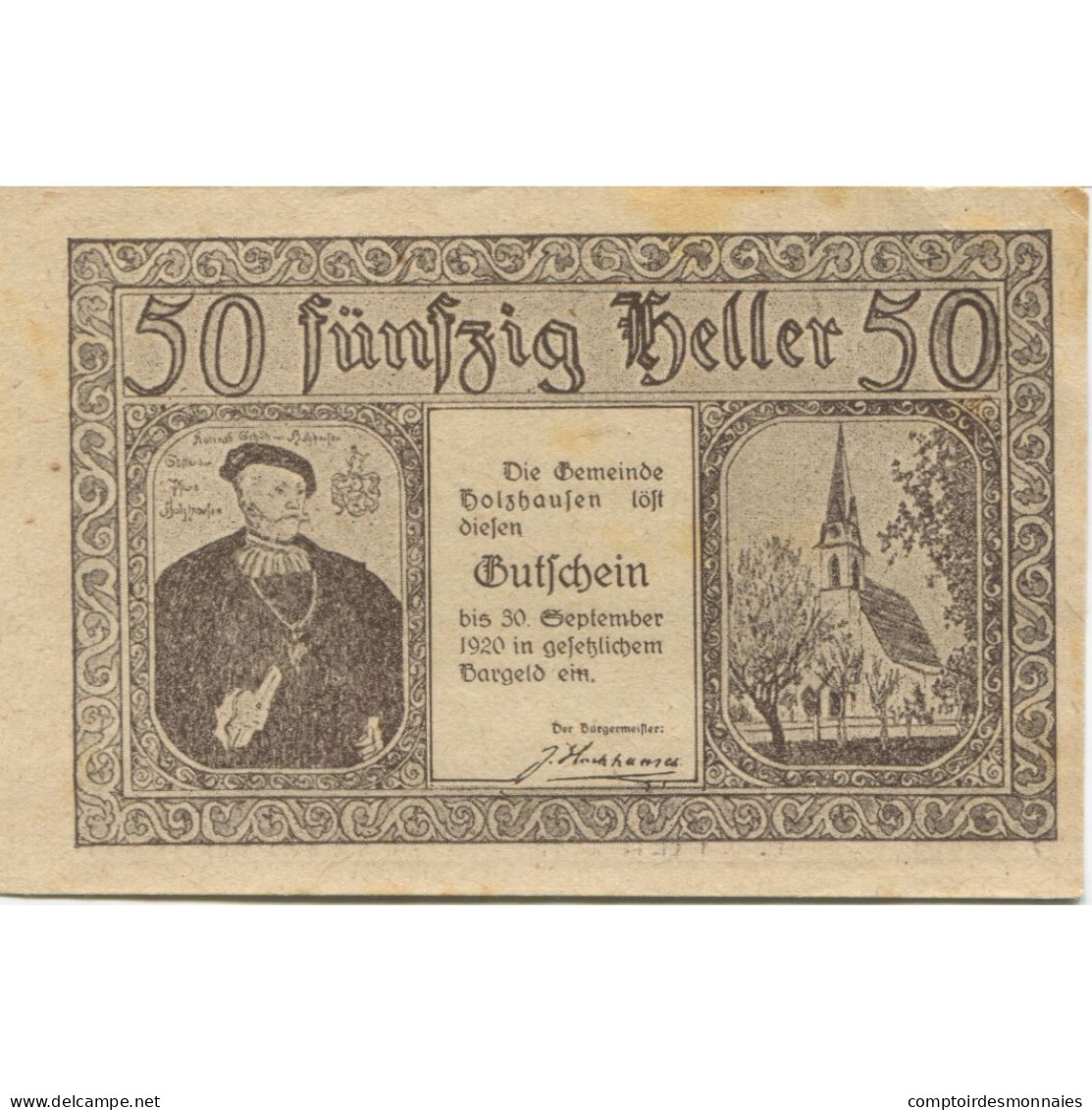 Billet, Autriche, Holzhausen, 50 Heller, Eglise 1920-09-30, SUP, Mehl:FS 396a - Autriche