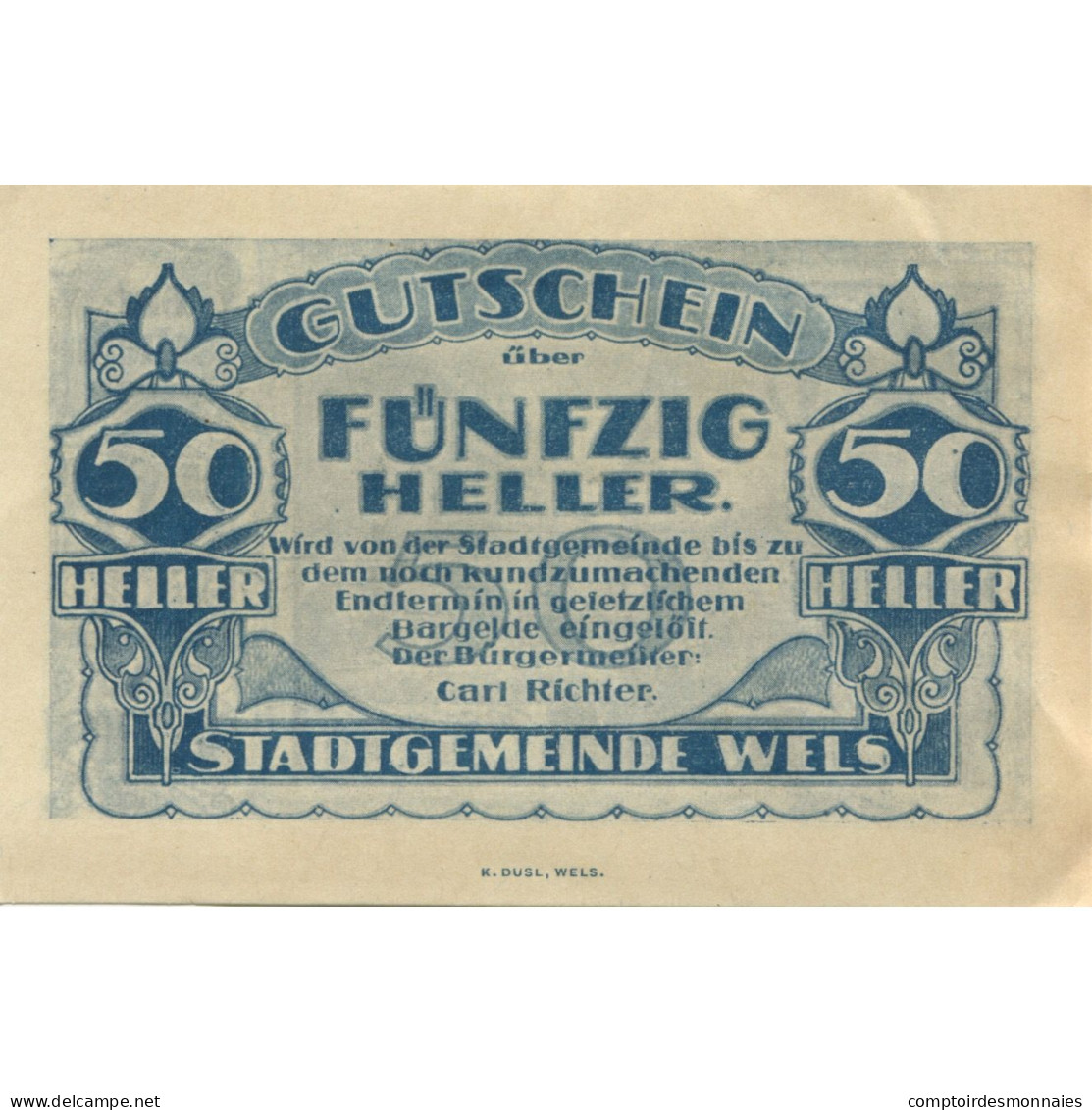 Billet, Autriche, Wels, 50 Heller, Place, 1920, SPL, Mehl:FS 1167II - Autriche