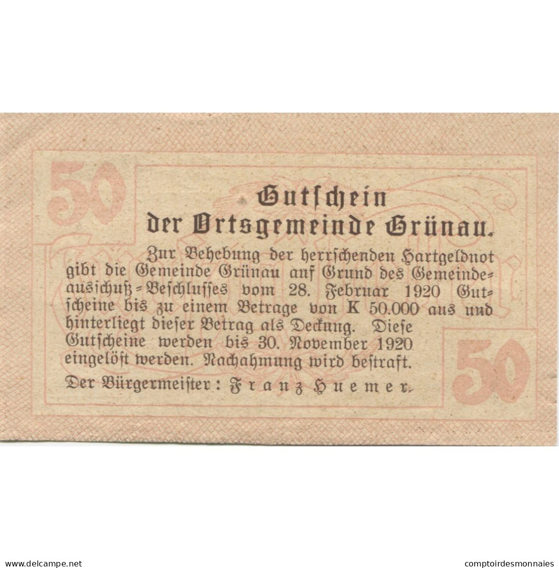 Billet, Autriche, Grünau, 50 Heller, Manoir, 1920 SPL, Mehl:FS 300a - Autriche