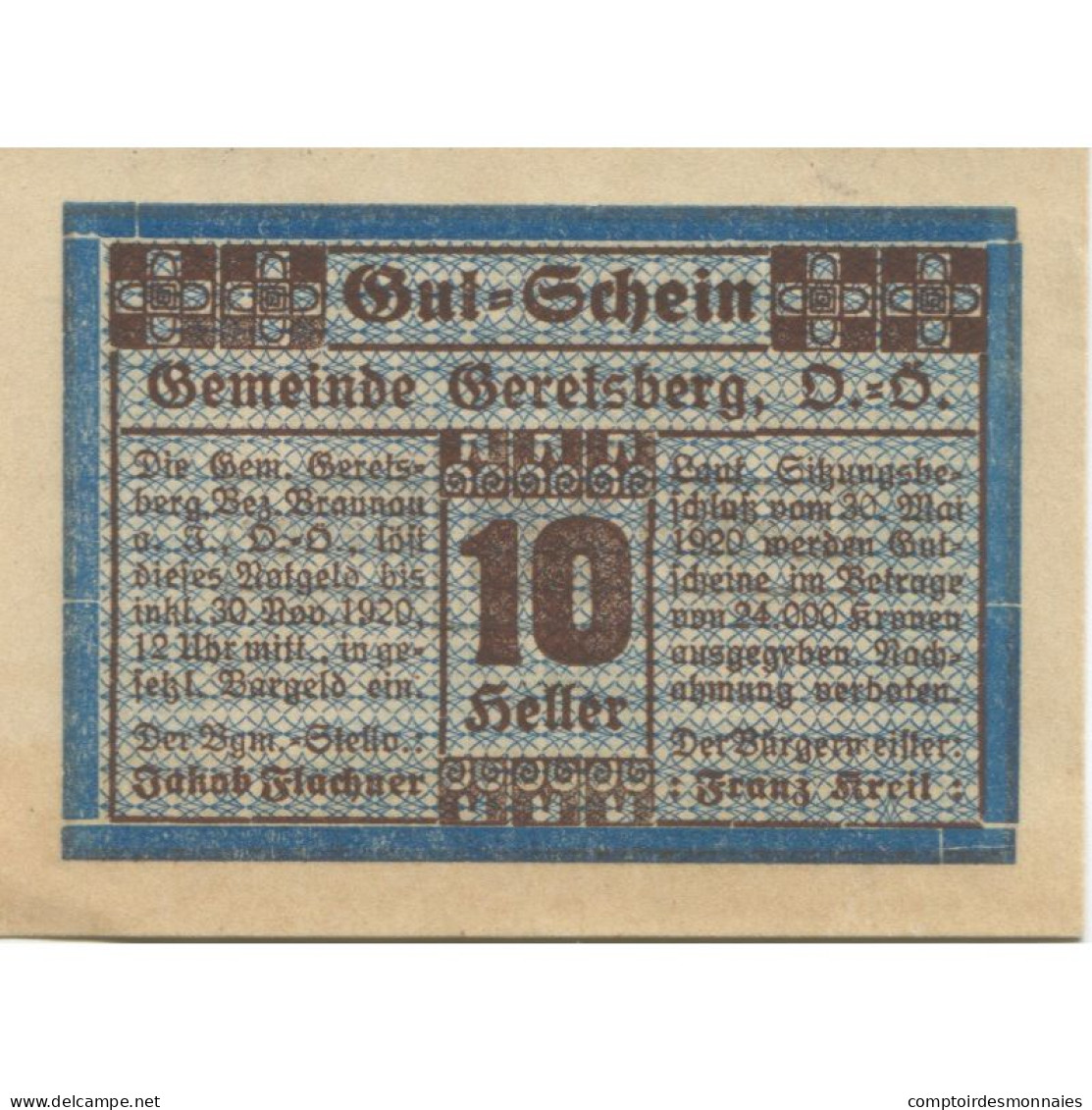 Billet, Autriche, Geretsberg, 10 Heller, Texte 1920-11-30, SPL Mehl:FS 231a - Autriche