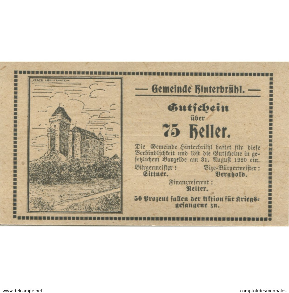 Billet, Autriche, Hinterbrühl, 75 Heller, Château 1920-08-31 SPL Mehl:FS 376IIIc - Autriche