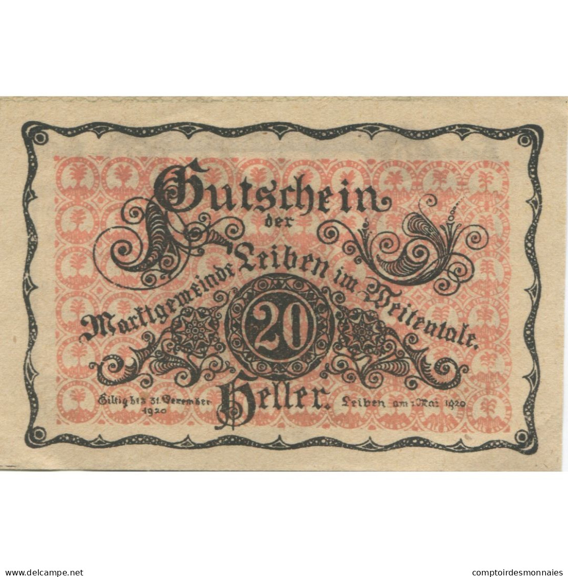 Billet, Autriche, Leiben, 20 Heller, Château 1920-12-31, SPL, Mehl:FS 509 - Autriche