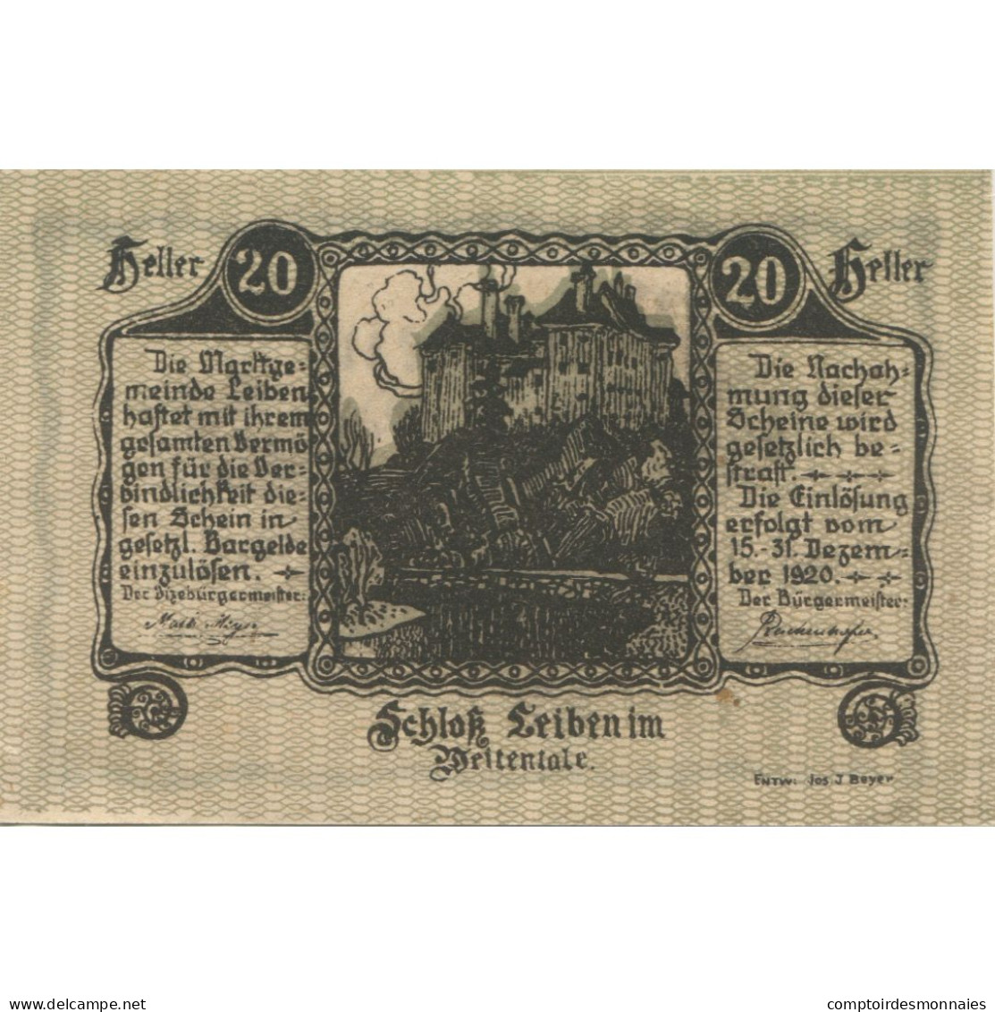 Billet, Autriche, Leiben, 20 Heller, Château 1920-12-31, SPL, Mehl:FS 509 - Autriche