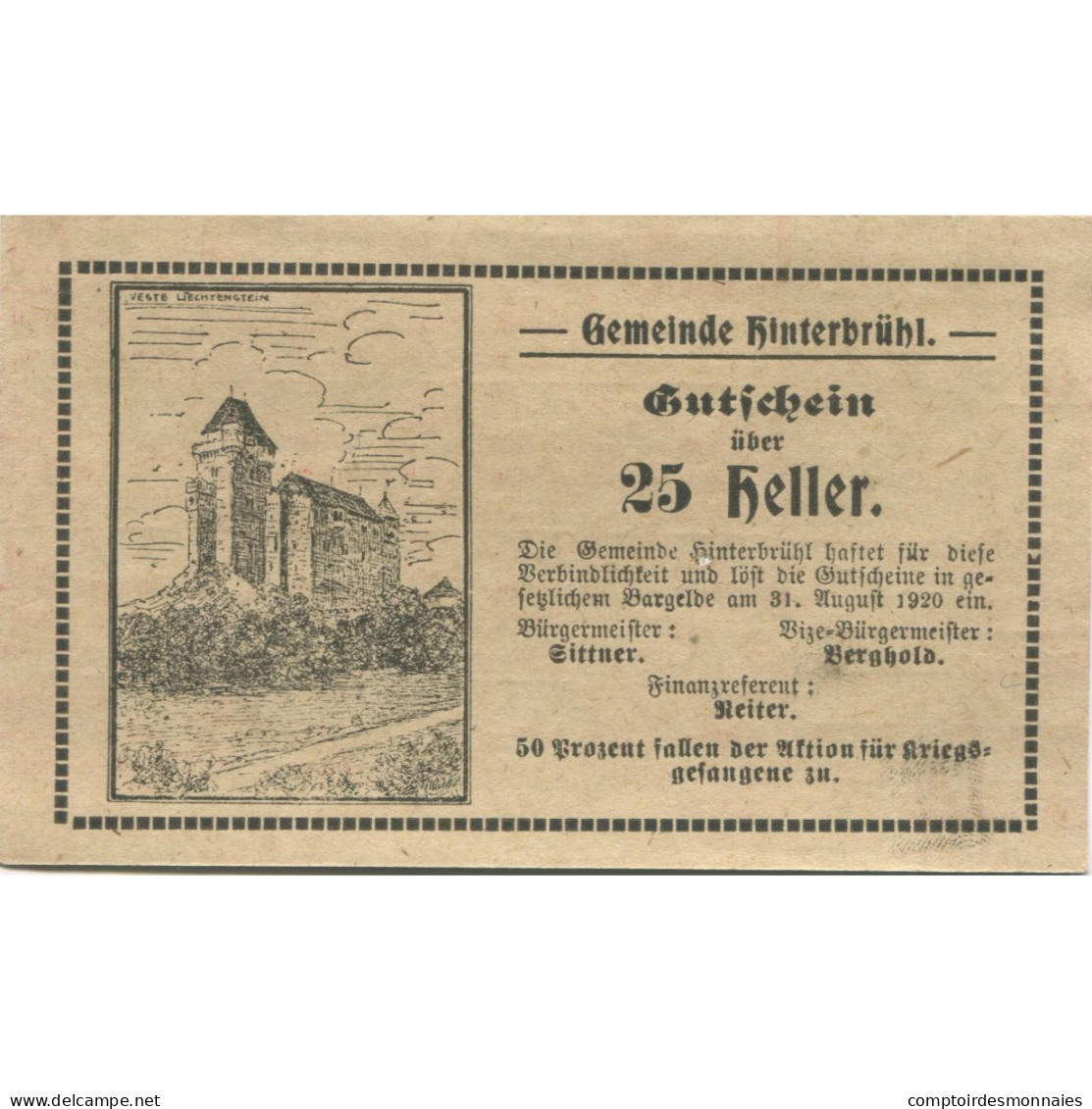 Billet, Autriche, Hinterbrühl, 25 Heller, Château, 1920, SPL Mehl:FS 376IIIc - Autriche