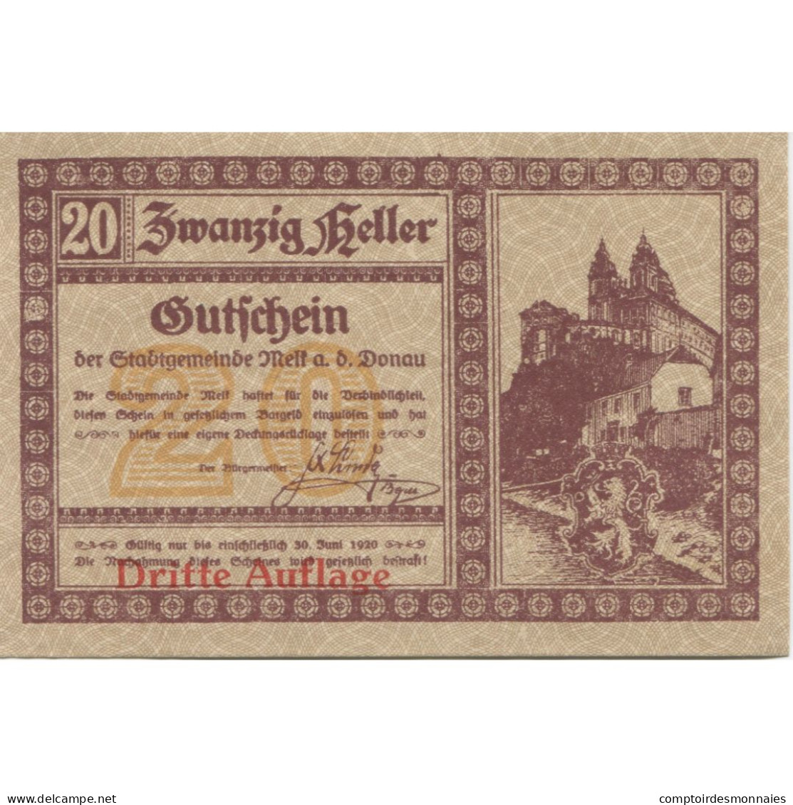 Billet, Autriche, Melk, 20 Heller, Blason, 1920, 1920-06-30, SPL, Mehl:FS 605If - Autriche