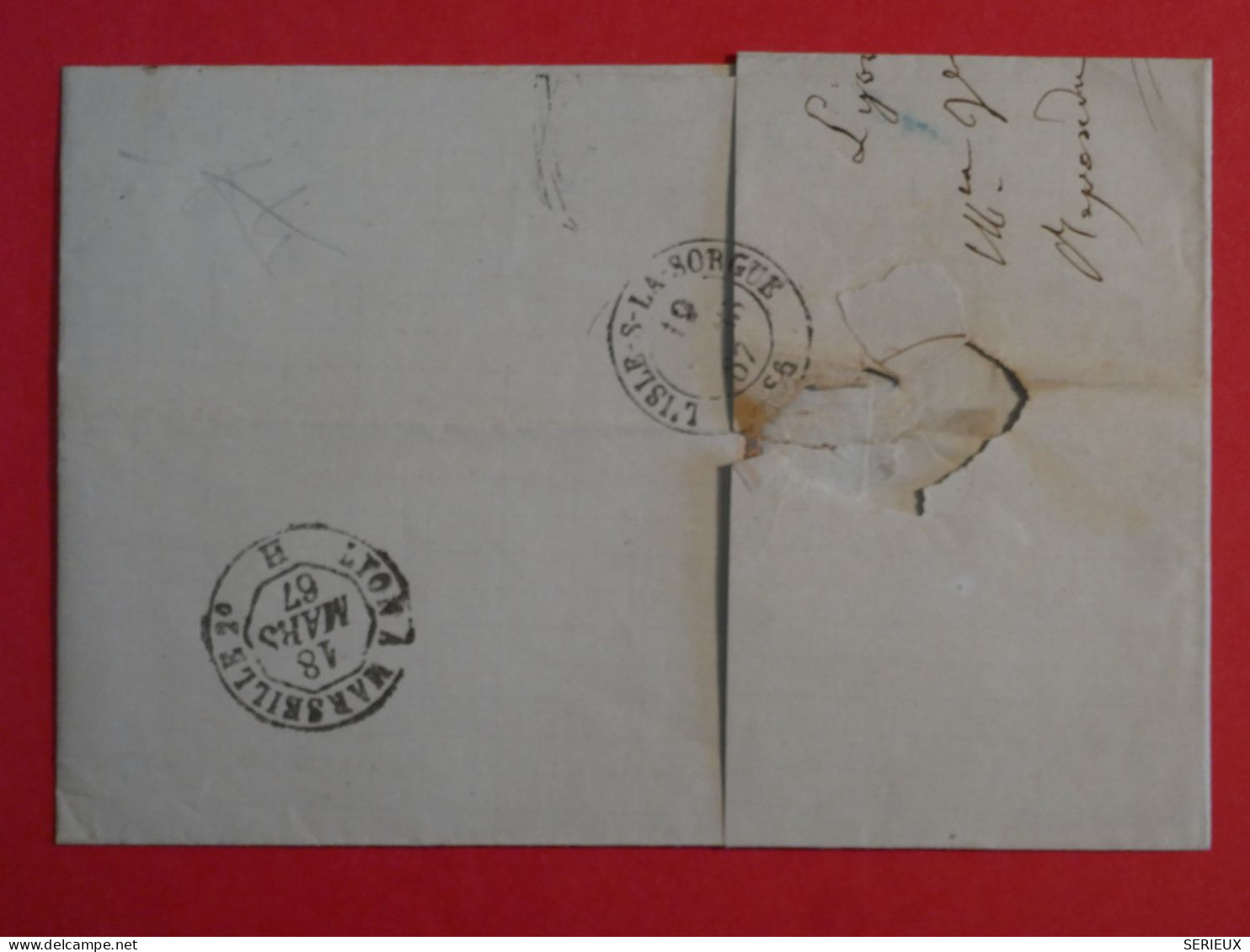 BQ1 FRANCE   BELLE  LETTRE 1867 LYON A L ISLE  + AFFRANCH. INTERESSANT - 1862 Napoléon III