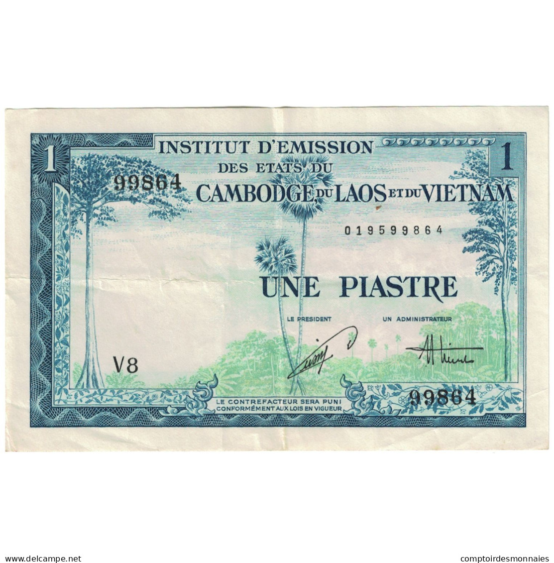 Billet, Indochine Française, 1 Piastre = 1 Kip, 1954, KM:100, TTB - Indochina