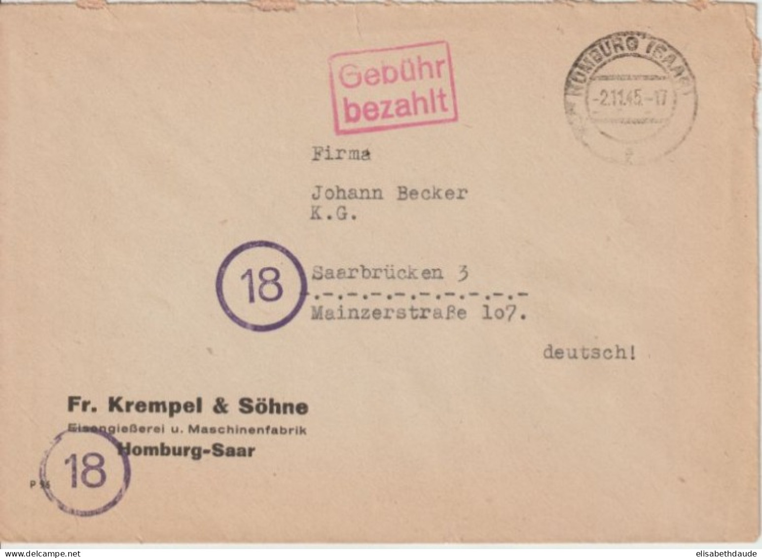 1945 - SAAR / SARRE / ZONE FRANCAISE - OBLITERATION GEBÜHR BEZAHLT ! De HOMBURG - Lettres & Documents