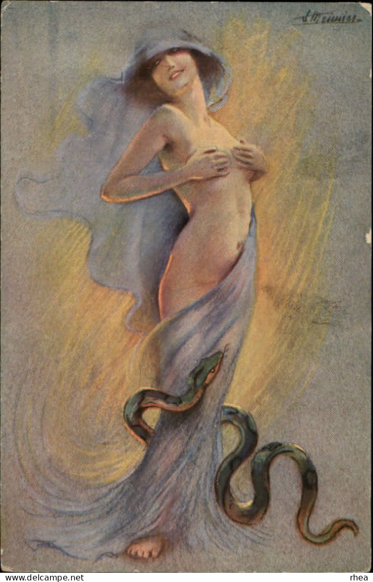 ILLUSTRATEURS - FEMMES - NUS - Femme Nue - Carte Illustrée Par S. Meunier - La Femme Et Le Serpent - Série 64, N° 1 - Meunier, S.