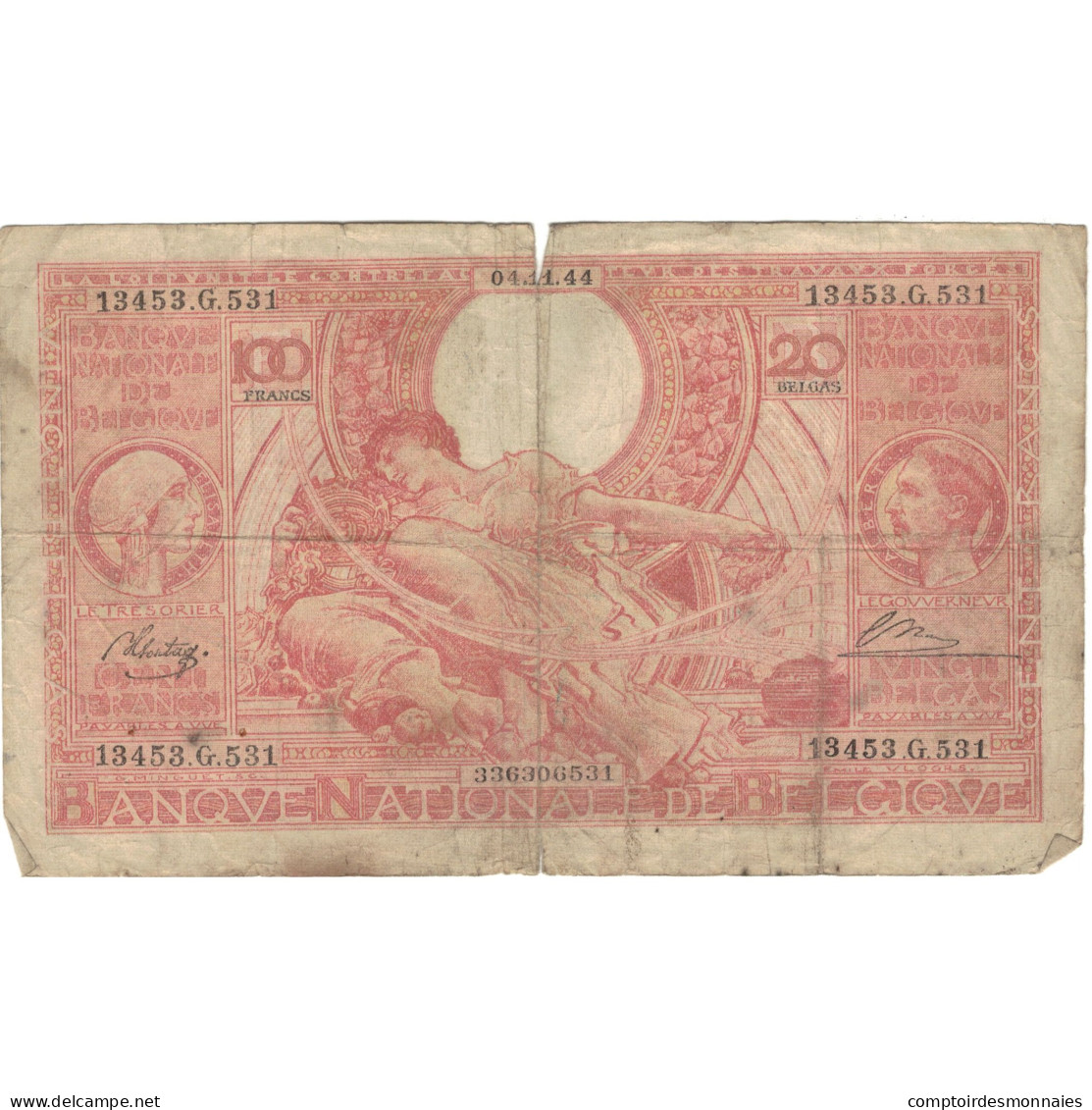 Billet, Belgique, 100 Francs-20 Belgas, 1944, 1944-11-04, KM:113, B - 100 Frank