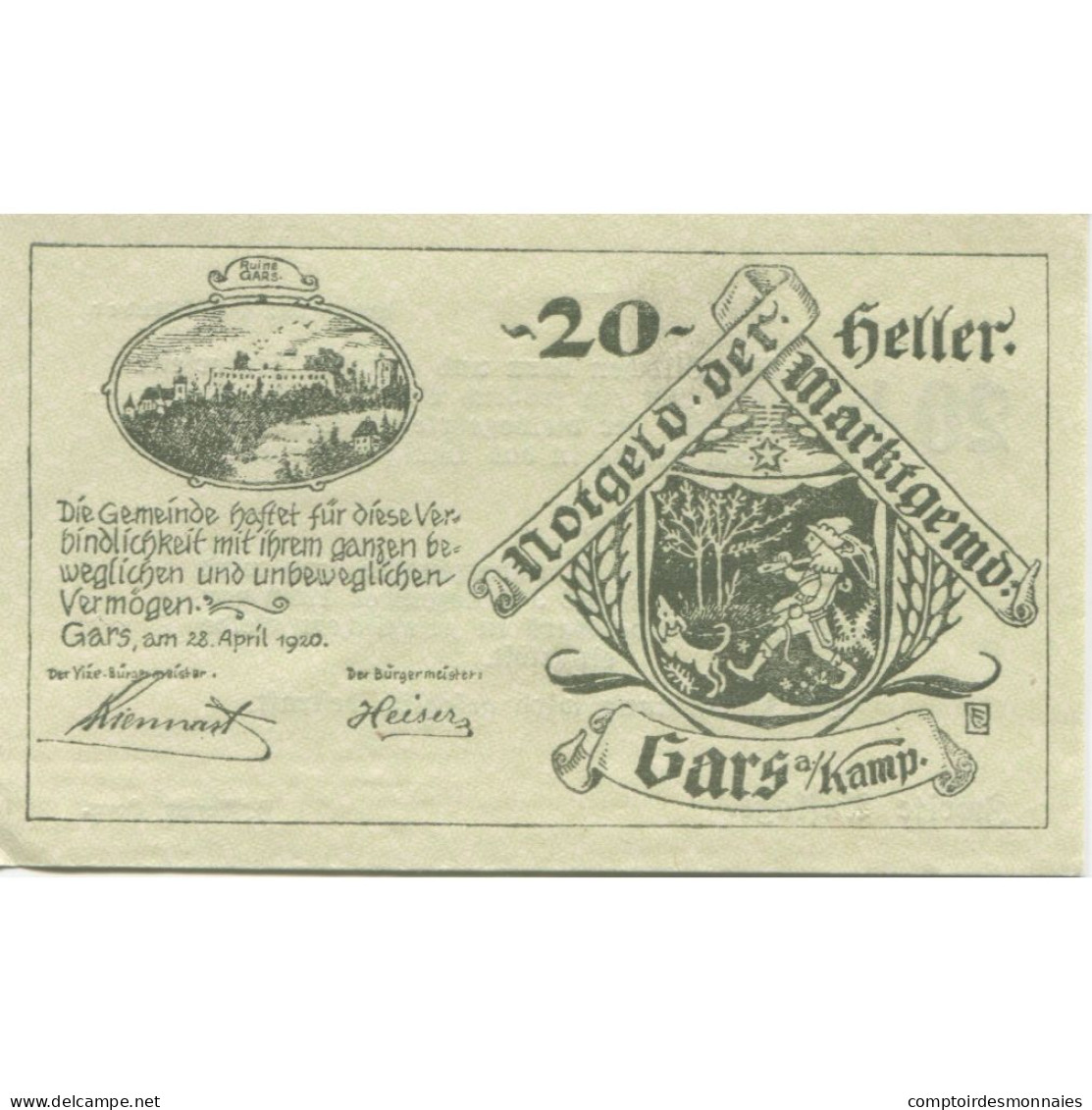 Billet, Autriche, Gars Am Kamp, 20 Heller, Forêt 1920-12-31, SPL, Mehl:FS 222a - Autriche