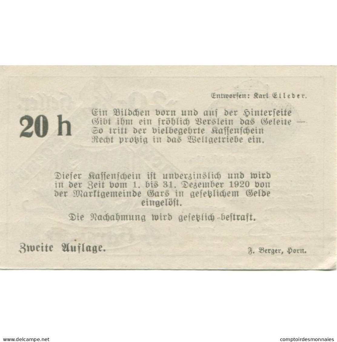 Billet, Autriche, Gars Am Kamp, 20 Heller, Forêt 1920-12-31, SPL, Mehl:FS 222a - Autriche