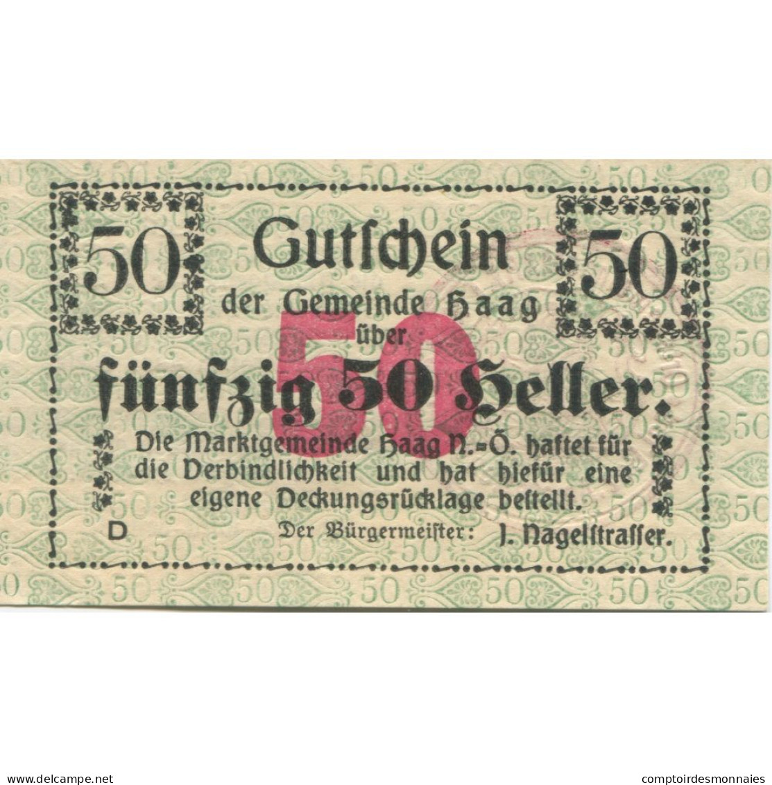 Billet, Autriche, Haag, 50 Heller, Texte, 1920, 1920-12-31, SPL, Mehl:FS 318VIb - Autriche