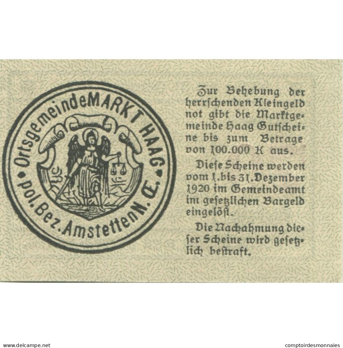 Billet, Autriche, Haag, 70 Heller, Texte, 1920, 1920-12-31, SPL, Mehl:FS 318VIb - Autriche
