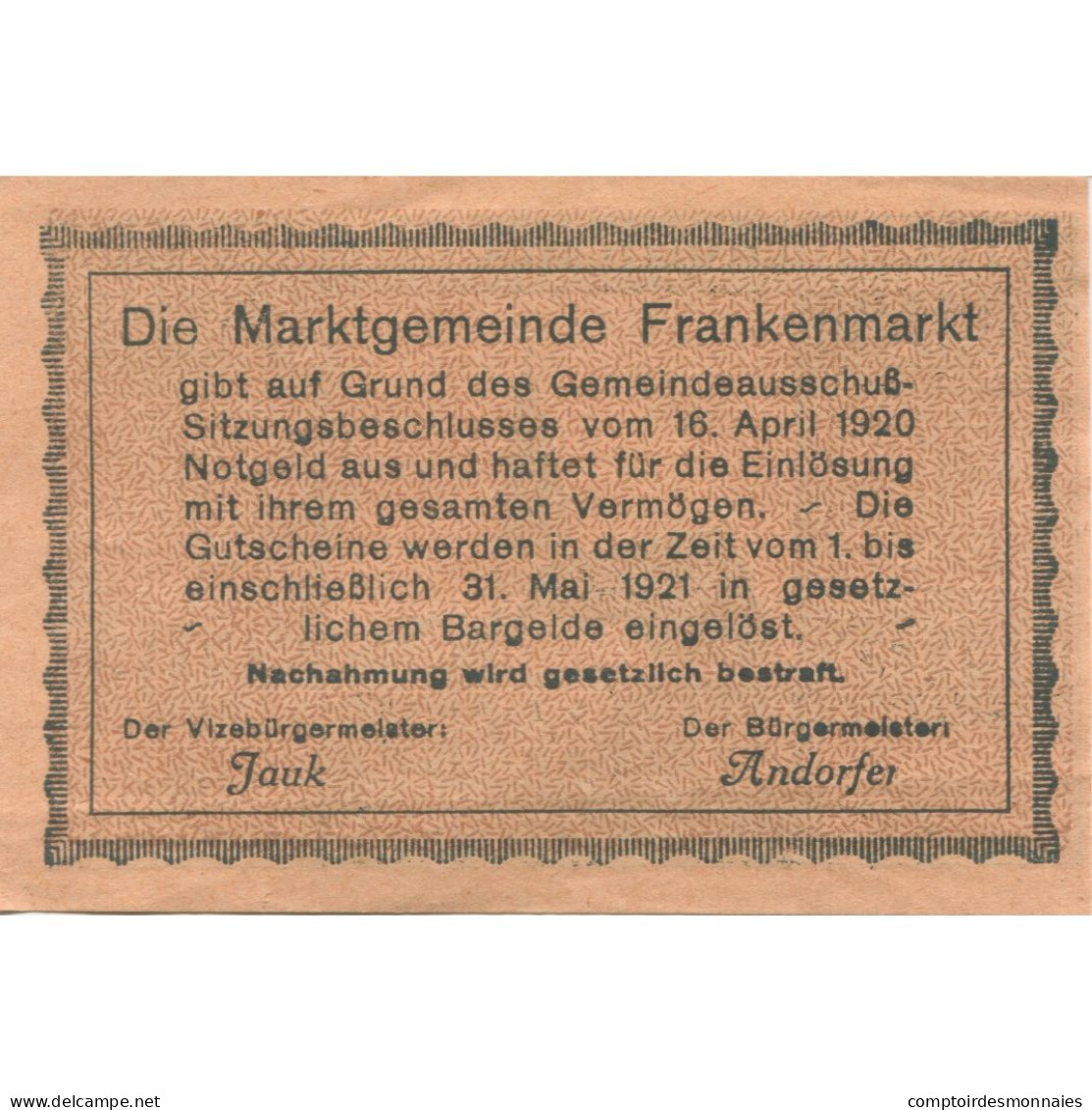 Billet, Autriche, Frankenmarkt, 50 Heller, Eglise 1921-05-31, SPL Mehl:FS 209d - Autriche