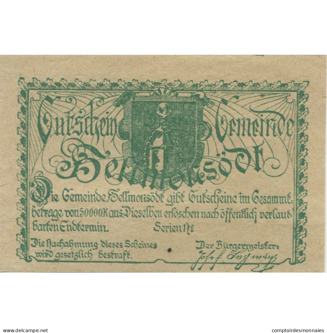 Billet, Autriche, Hellmonsodt, 10 Heller, Blason, 1920, SPL, Mehl:FS 364 - Autriche