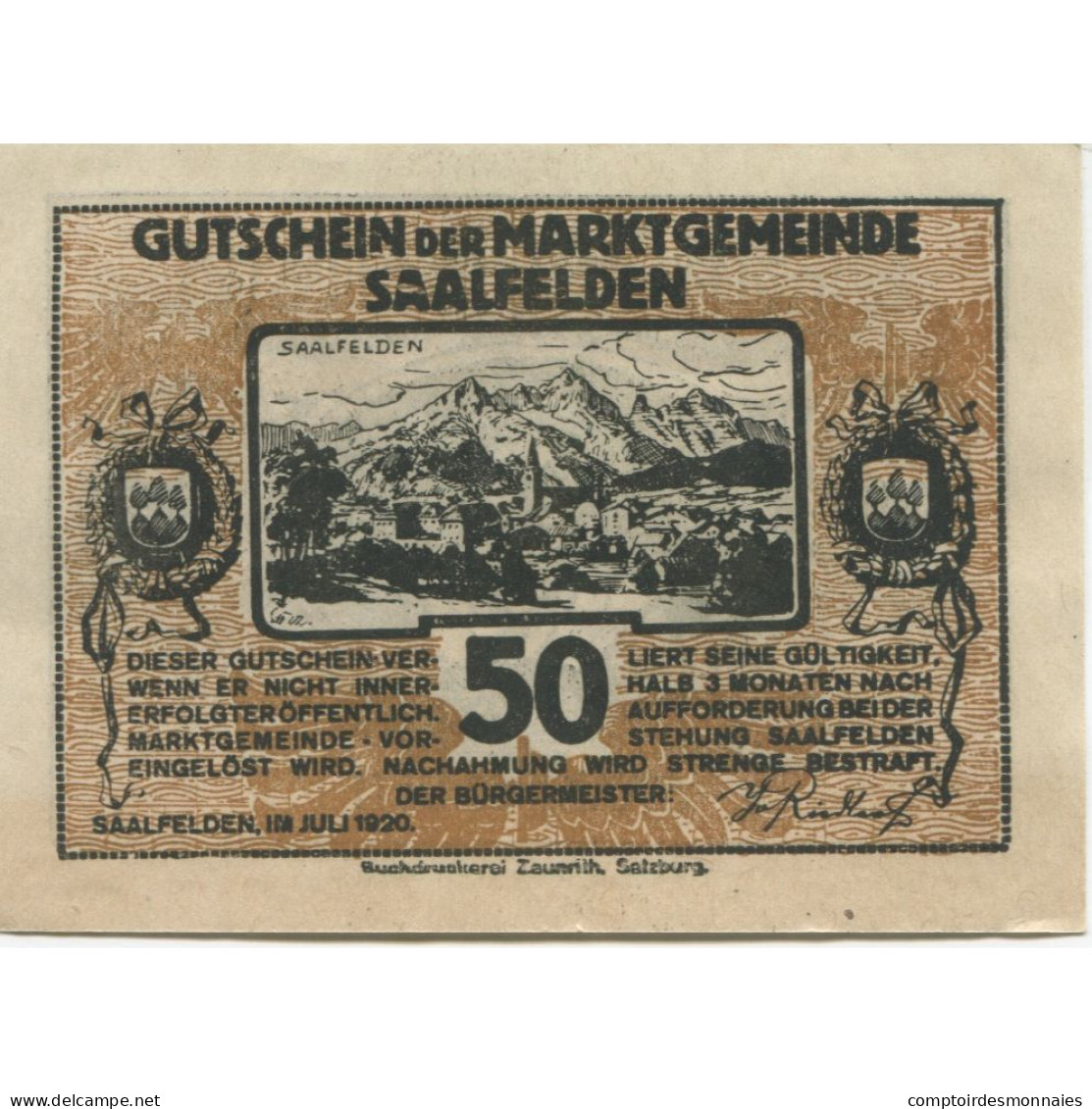 Billet, Autriche, Saalfelden, 50 Heller, Paysage, 1920, SPL, Mehl:FS 859a - Autriche