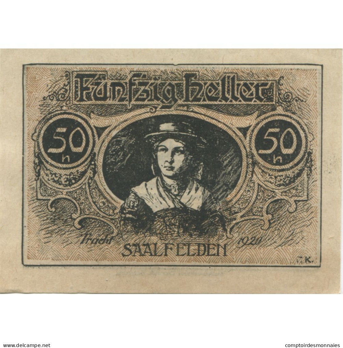 Billet, Autriche, Saalfelden, 50 Heller, Paysage, 1920, SPL, Mehl:FS 859a - Autriche