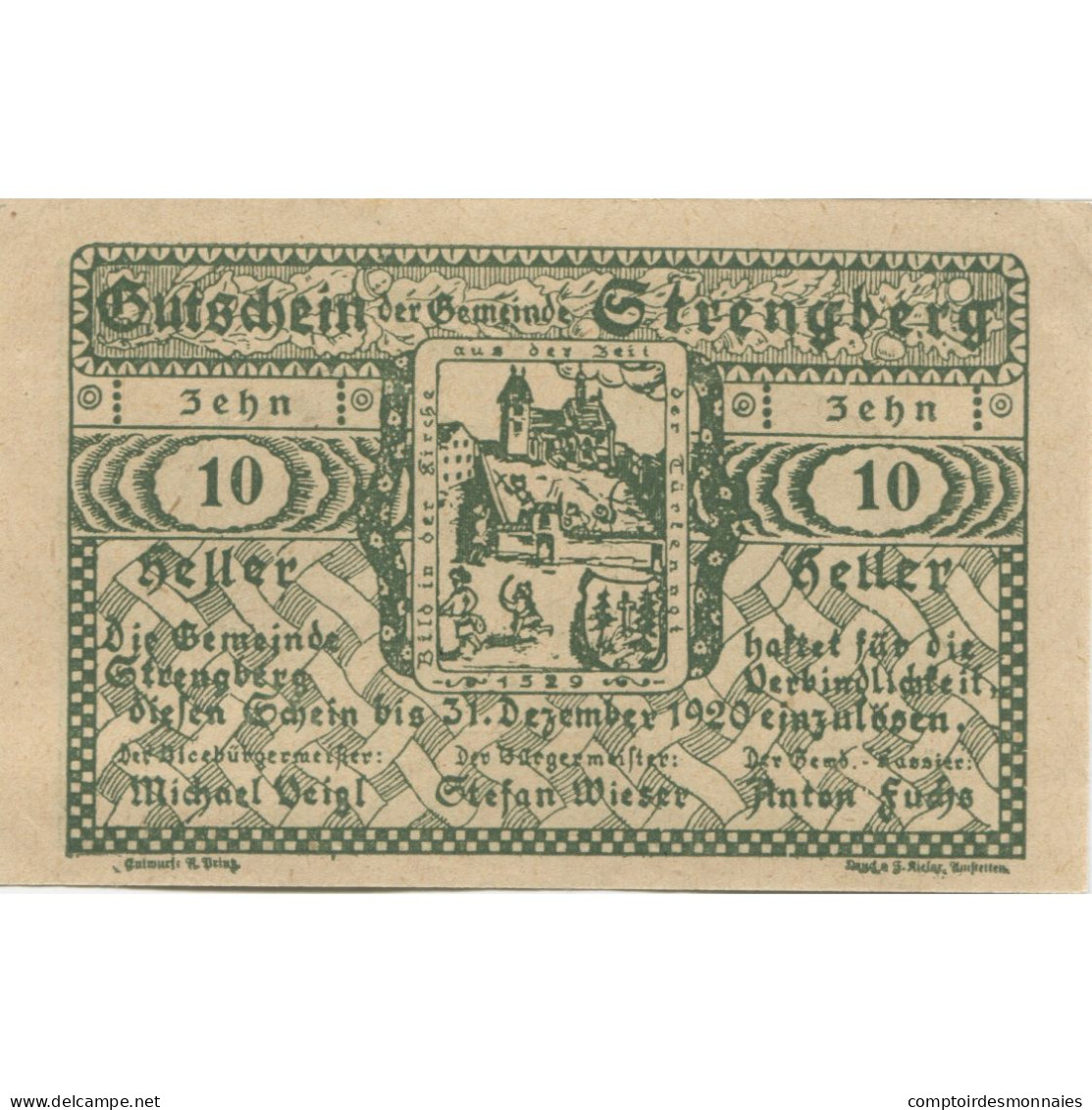 Billet, Autriche, Strengberg, 10 Heller, Eglise 1920-12-31, SPL, Mehl:FS 1049b - Autriche
