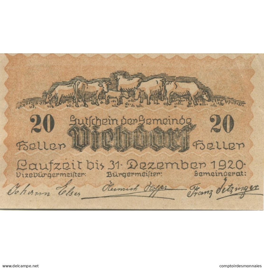 Billet, Autriche, Viehdorf, 20 Heller, Eglise 1920-12-31, SPL Mehl:FS 1111a - Autriche