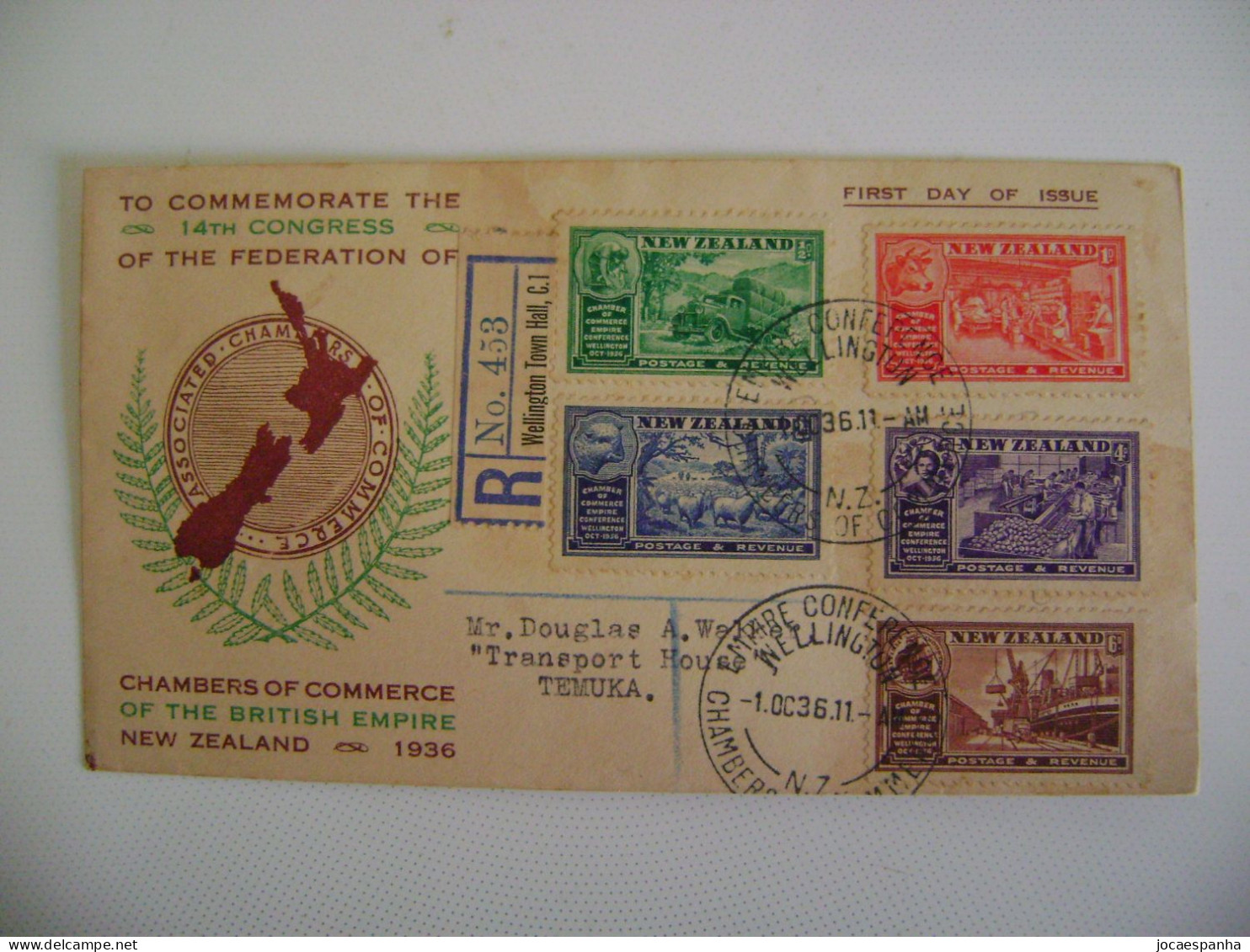 NEW ZEALAND - FDC ENVELOPE SENT FROM WELLINGTON TO TEMUKA CHAMBERS OF COMMERCE IN 1936 IN THE STATE - Covers & Documents