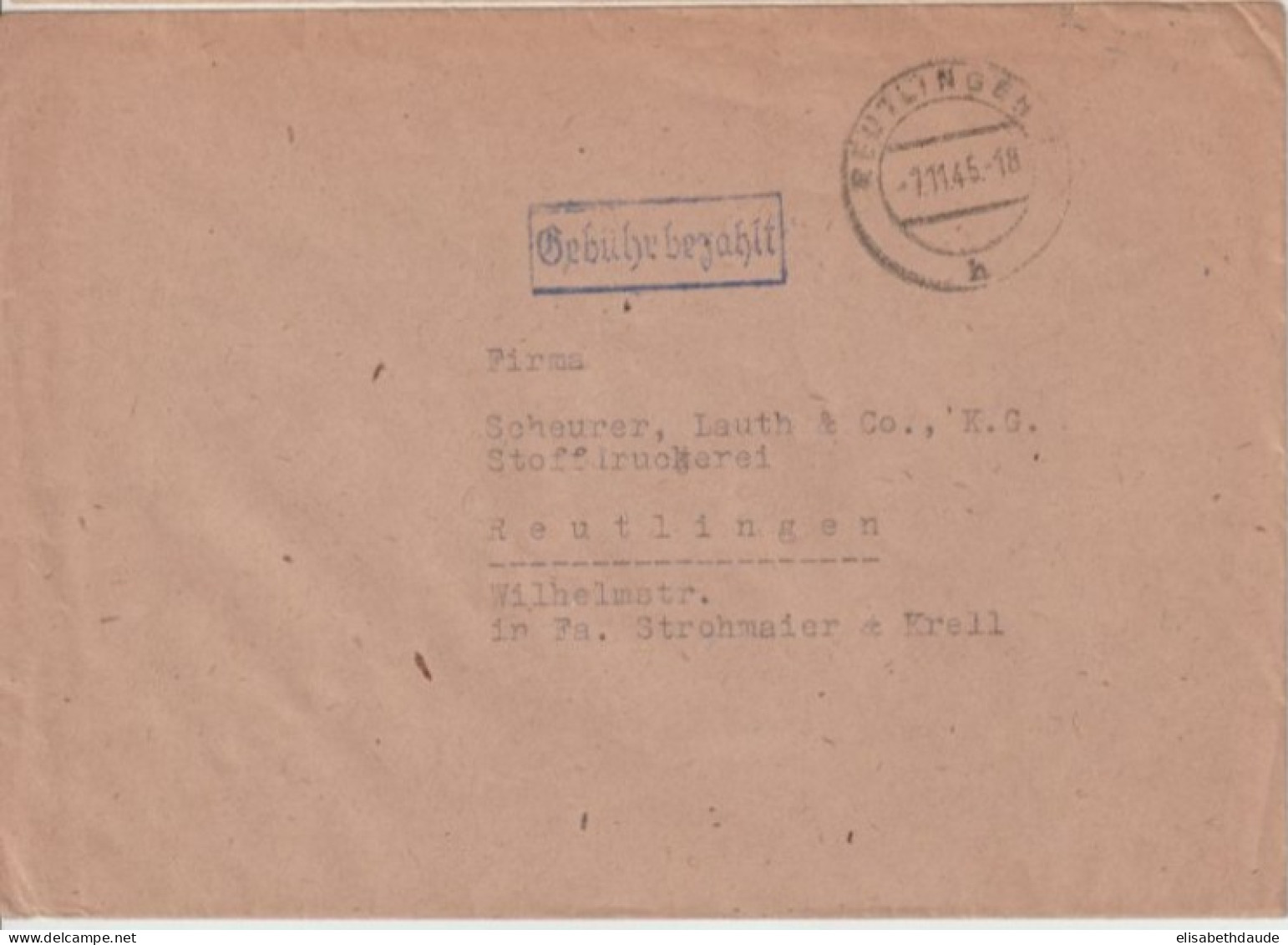 ZOF - 1945 - GEBÜHR BEZAHLT - TAXE PERCUE - ENVELOPPE De REUTLINGEN - Algemene Uitgaven