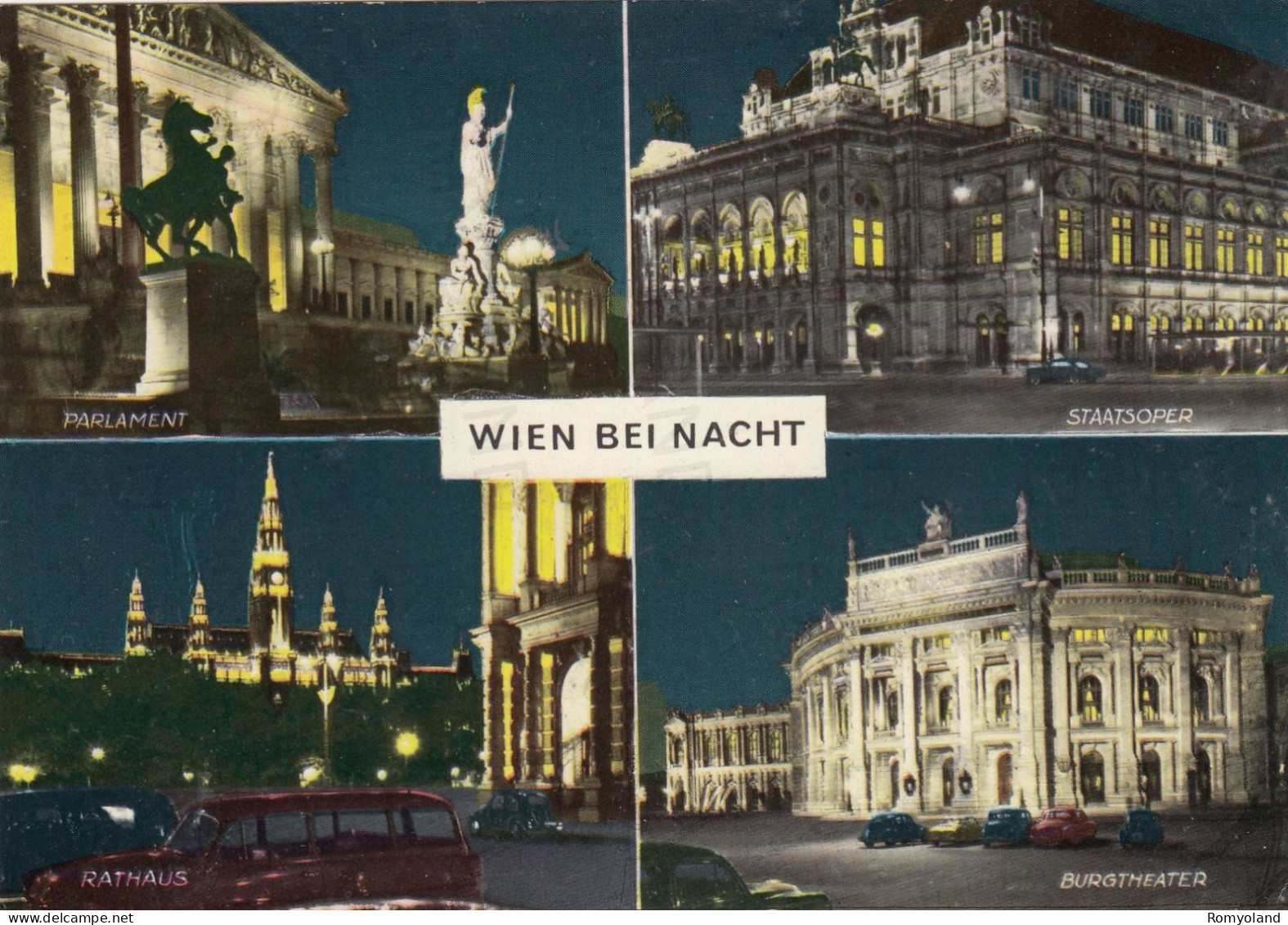 CARTOLINA  WIEN,AUSTRIA-BEI NACHT-PARLAMENT-STAATSOPER-BURGTHEATER-RATHAUS-NON VIAGGIATA - Musées