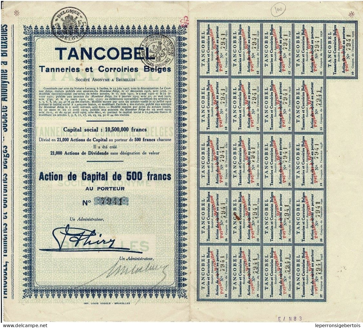 - Titre De 1929 - Tancobel - Tanneries Et Corroiries Belges - - Tessili