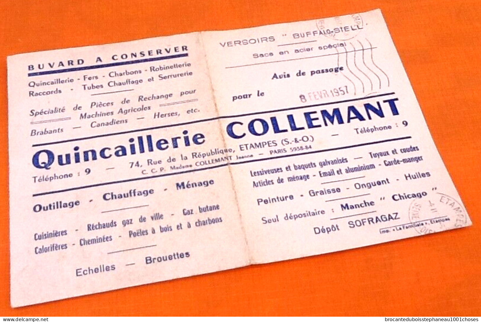 Etampes (Essonne) Avril 1957 Buvard Publicitaire Quincaillerie Collemant - Bank En Verzekering