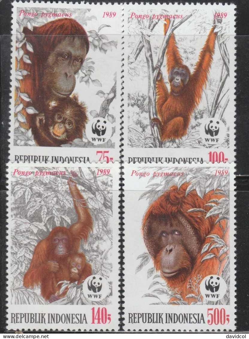 2490A - INDONESIA - 1989 - SC#: 1380-83 - MNH - WWF ORANGUTANS - SCV: US$ 23.00 - Schimpansen