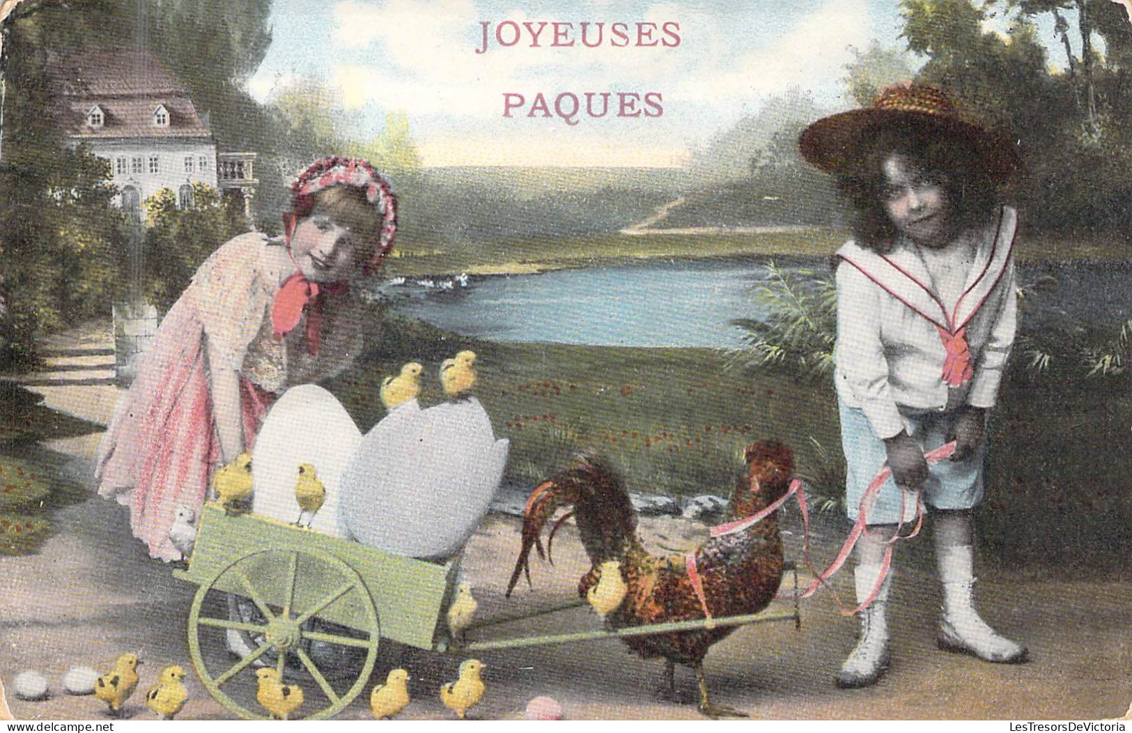 PAQUES - Deux Enfants Tire Une Charette Avec Des Oeufs - Coq - Joyeuses Paques - Carte Postale Ancienne - Pâques