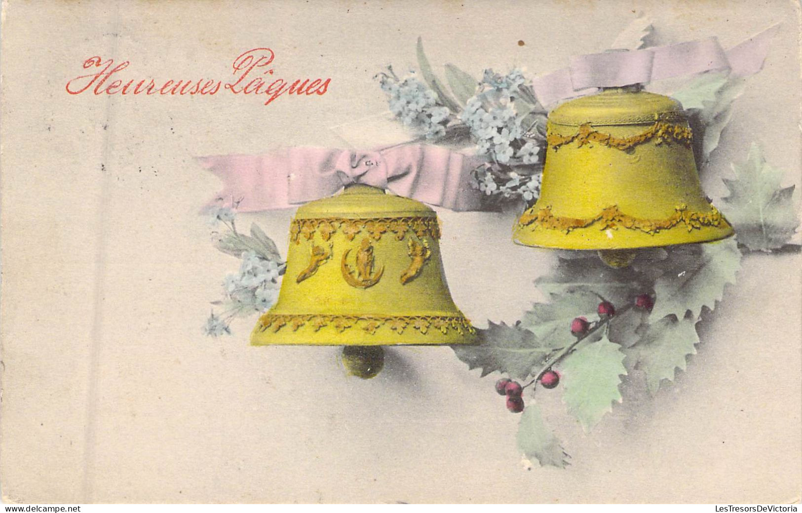 PAQUES - Deux Cloches Décorées - Houx - Heureuse Pâques - Carte Postale Ancienne - Easter