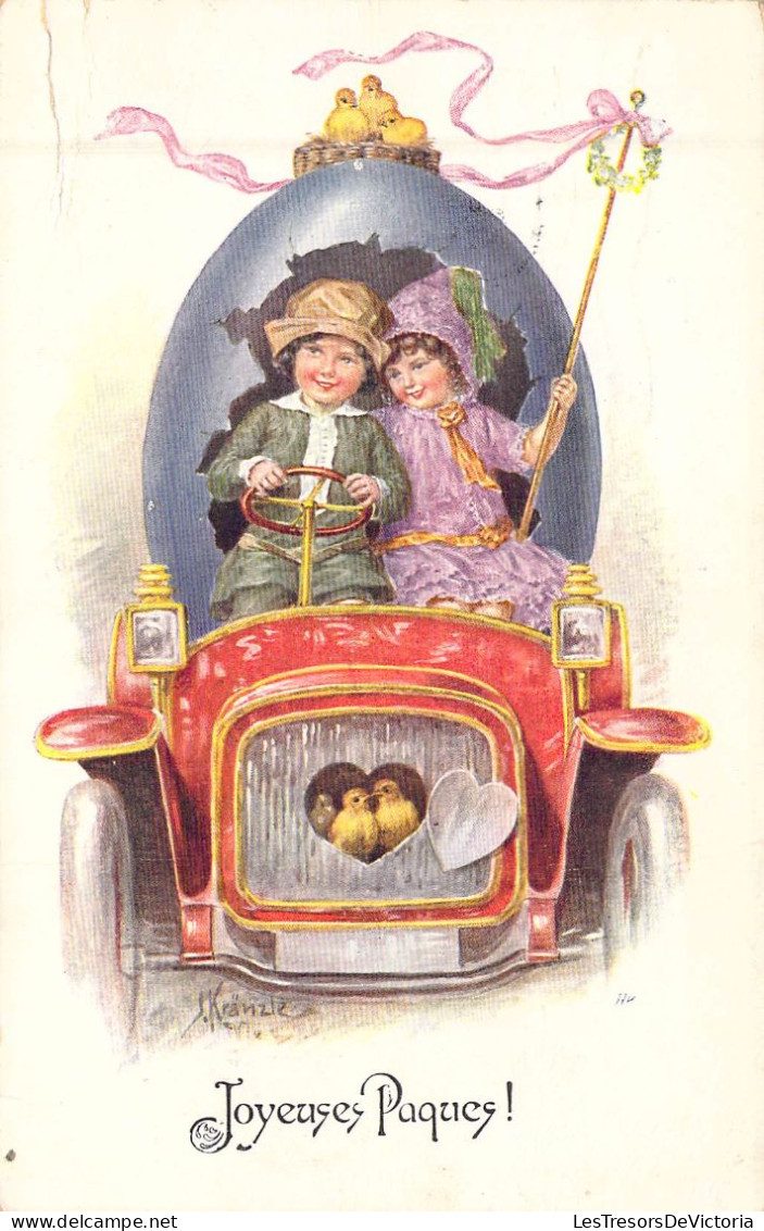 PAQUES - Deux Enfants Se Proménent En Voiture - Poussin - Coeur - Joyeuses Pâques - Carte Postale Ancienne - Easter