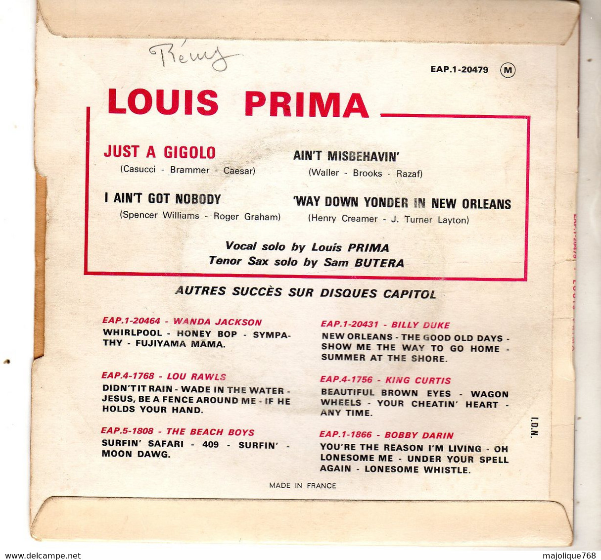 Disque 45T De Louis Prima - Just A Gigolo - Capitol EAP 1 - 20479 - France 1963 - - Jazz