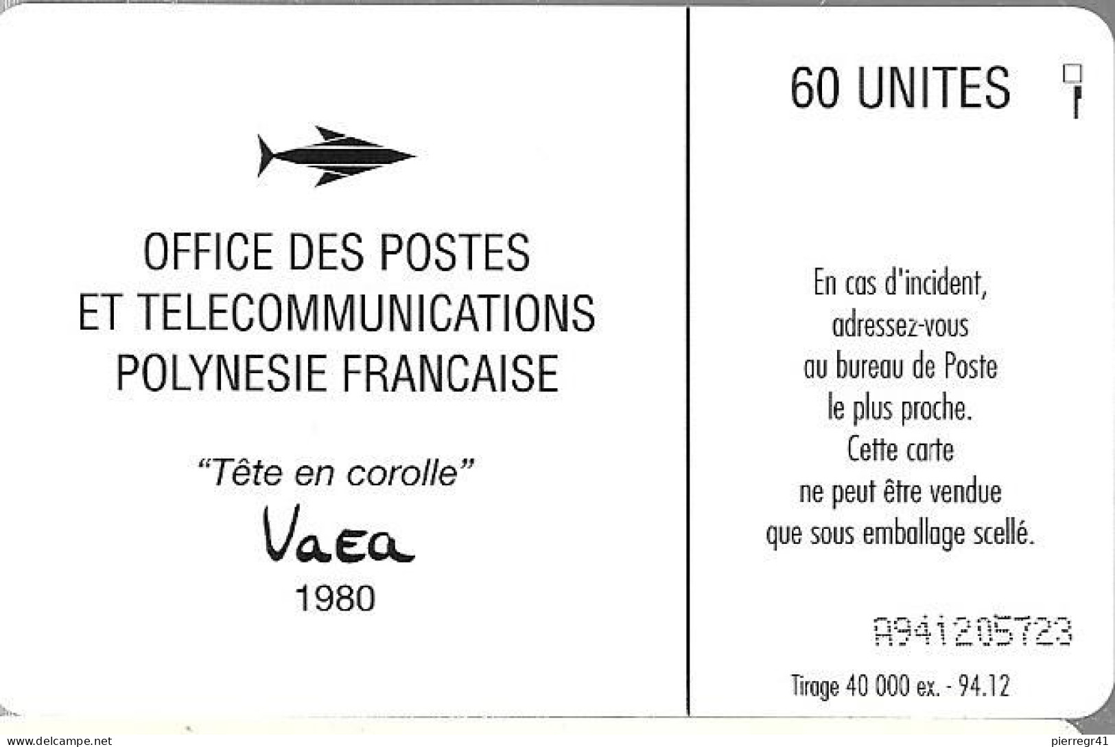 CARTE-PUCE-POLYNESIE-PF-29- Logo-60U-GEMA-12/94-La TETE En COROLLE I-R° BRILLANT-UTILISE-TBE - Polynésie Française