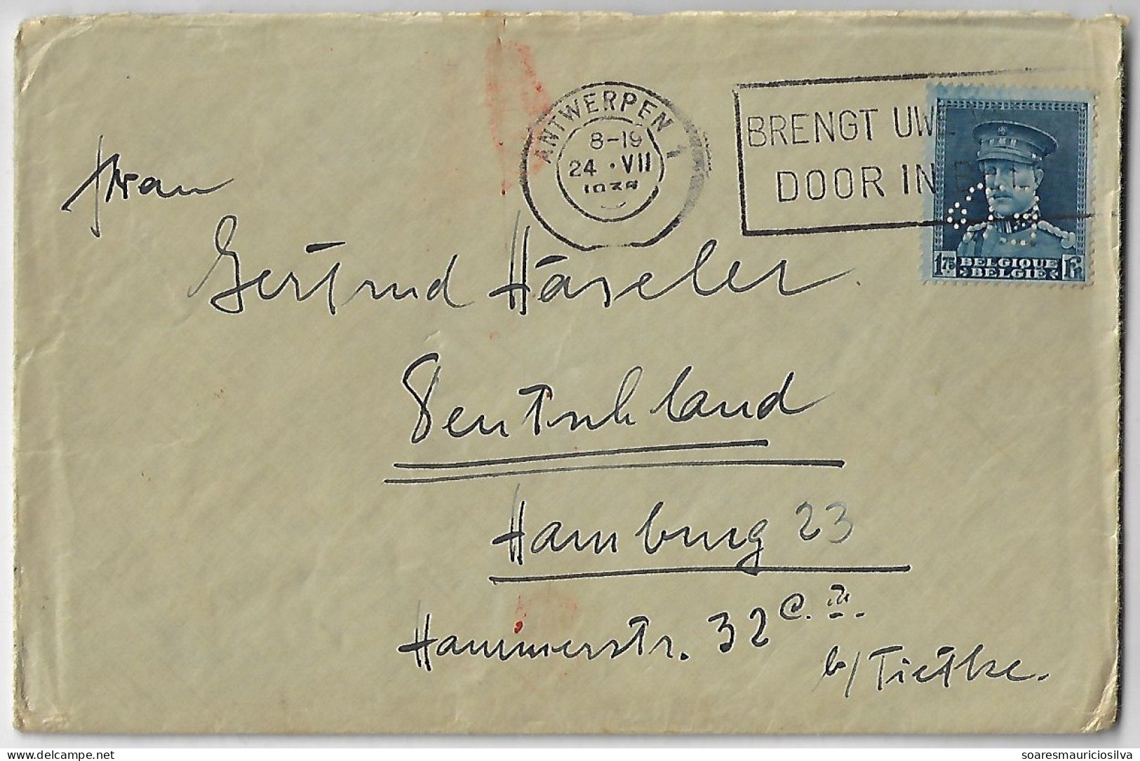 1936 Cover Anvers To Hamburg Germany Stamp King Albert I Perfin E.Cº Eiffe & Co Cancel Spend Your Holidays In Belgium - 1934-51