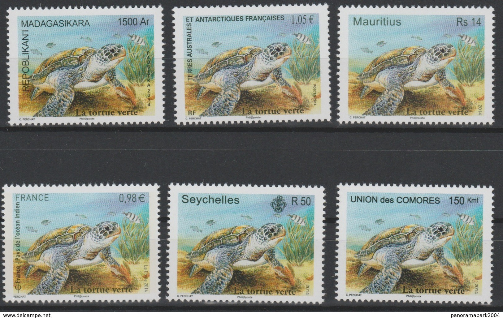 La Tortue Verte Green Turtle Schildkröte 2014 Joint Issue Faune Fauna Madagascar Seychelles France Comores MNH 6 Val. ** - Tortugas