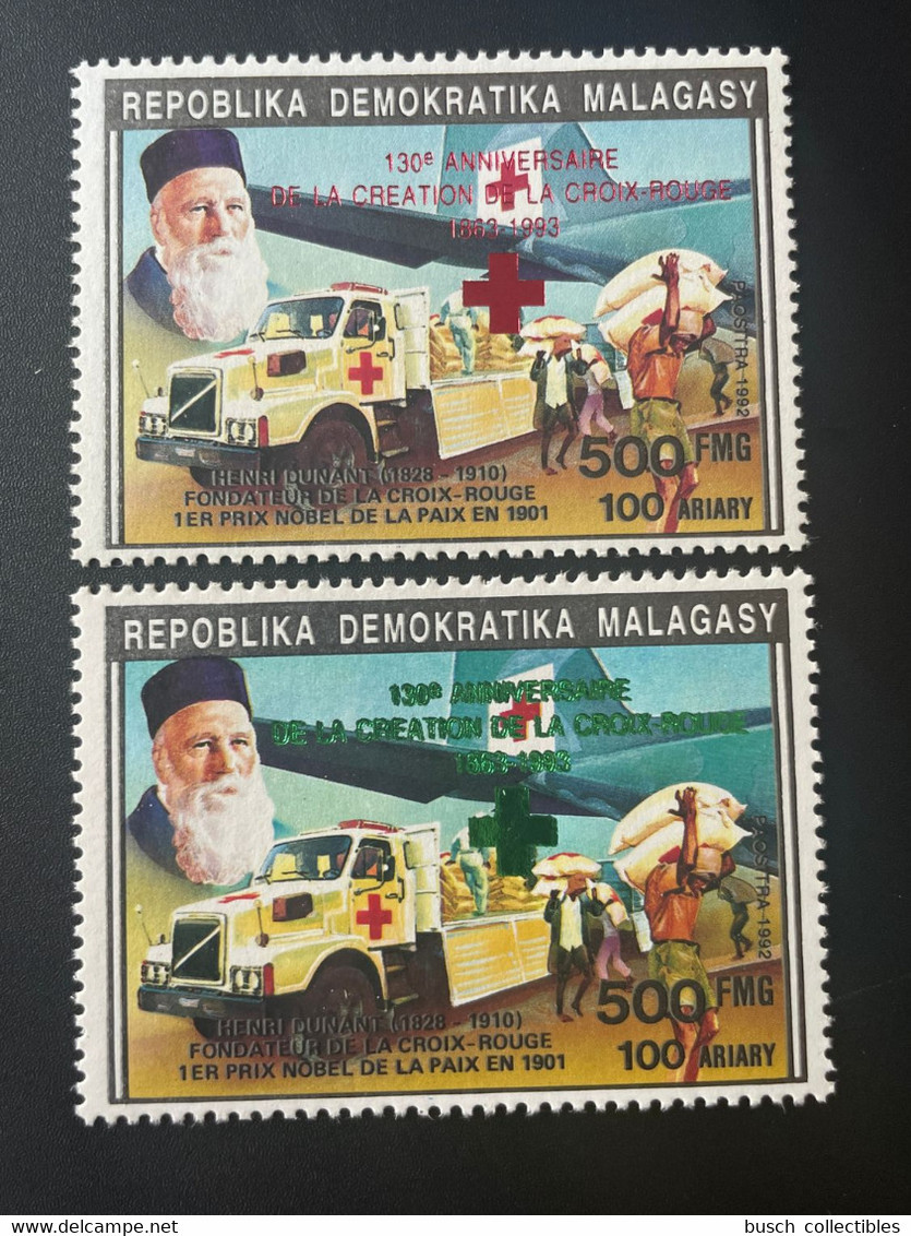 Madagascar Madagaskar 1993 Mi. 1560Aa / B Red Green Overprint Red Cross Henri Dunant Croix Rouge Rotes Kreuz Airplane - Madagascar (1960-...)