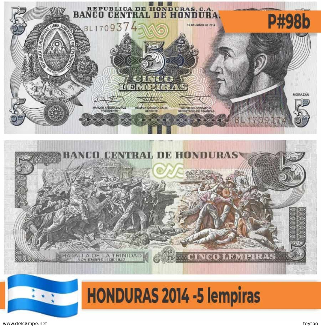 B0812# Honduras 2014. 5 Lempiras (UNC) P#98b - Honduras