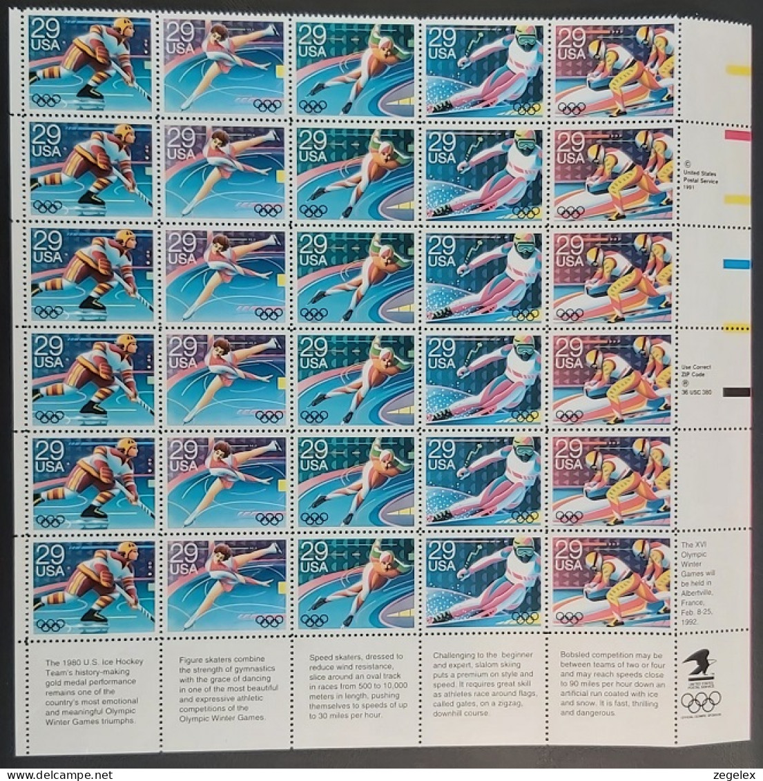 USA 1992 Winter Olympics - Sheet Of 30. Scott No. 2611-2615a Postfris MNH** - Ganze Bögen