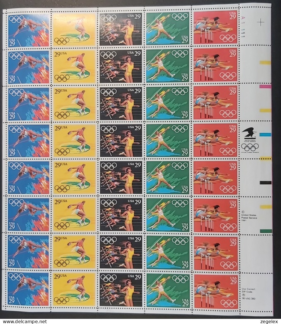 USA 1991 1992 Summer Olympics, Barcelona. Sheet Of 40 Stamps.  Scott No. 2553-2557a Postfris MNH** - Hojas Completas