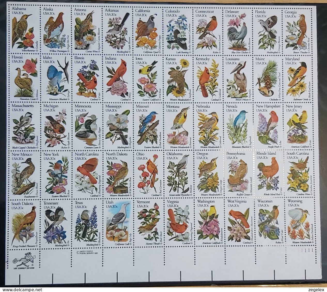 USA 1982 State Birds And Flowers. Sheet Perf 11,25x11.  50 Values.  Scott No. 1953A-2002Ac. - Hojas Completas