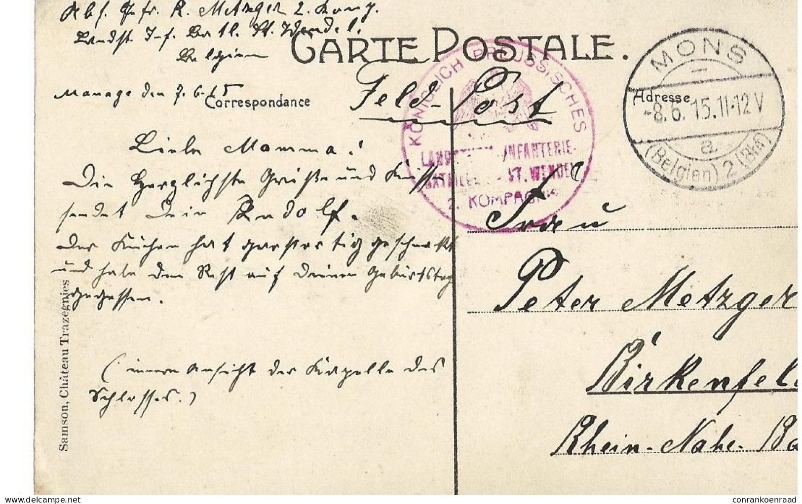 TRAZEGNIES (Courcelles ) Chateau Feodal La Chapelle Feldpost Mons 1915 - Courcelles