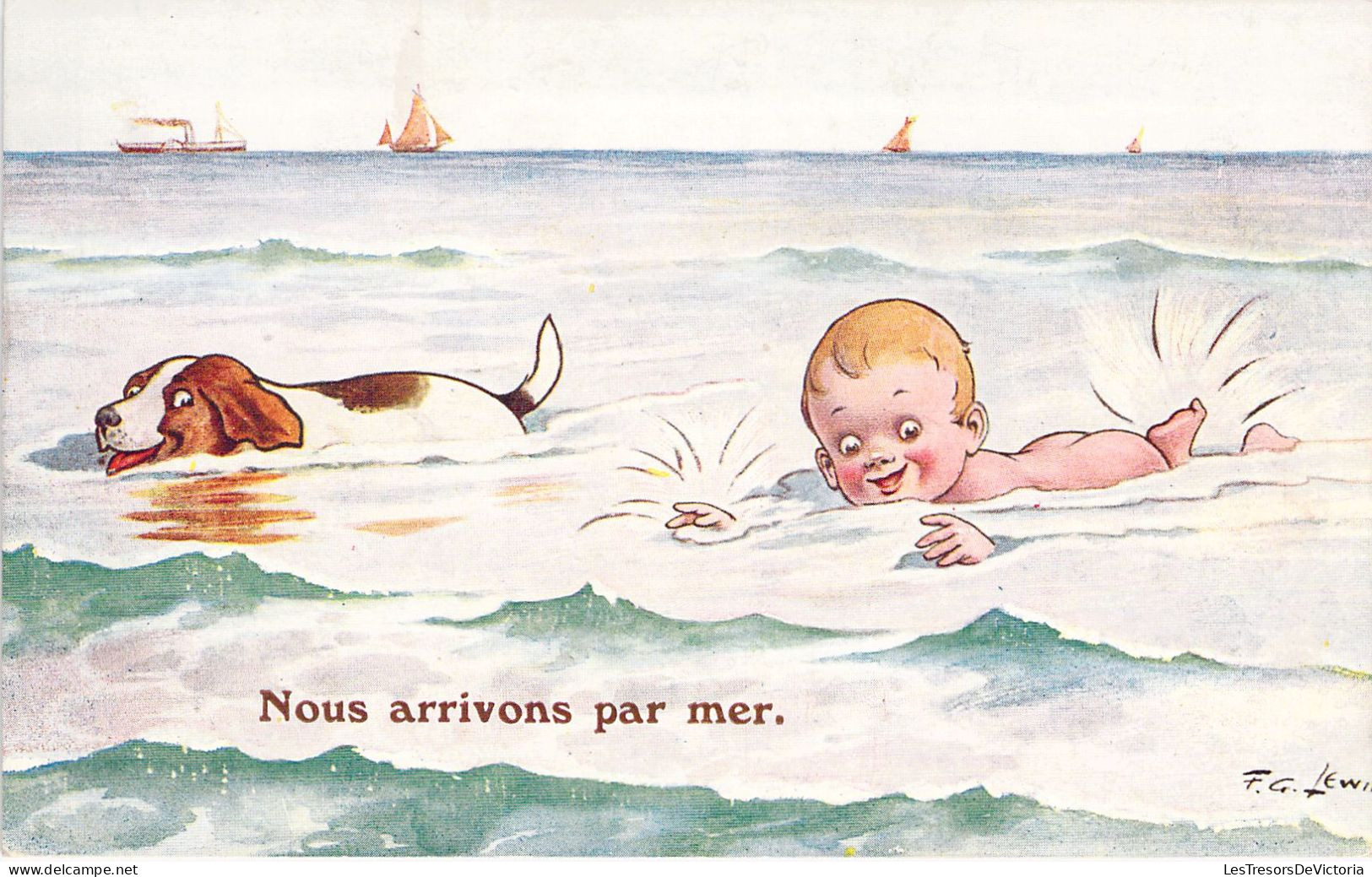 HUMOUR - Nous Arrivons Par Mer - Enfant Et Chien Nagent - Bateau - Carte Postale Ancienne - Humour