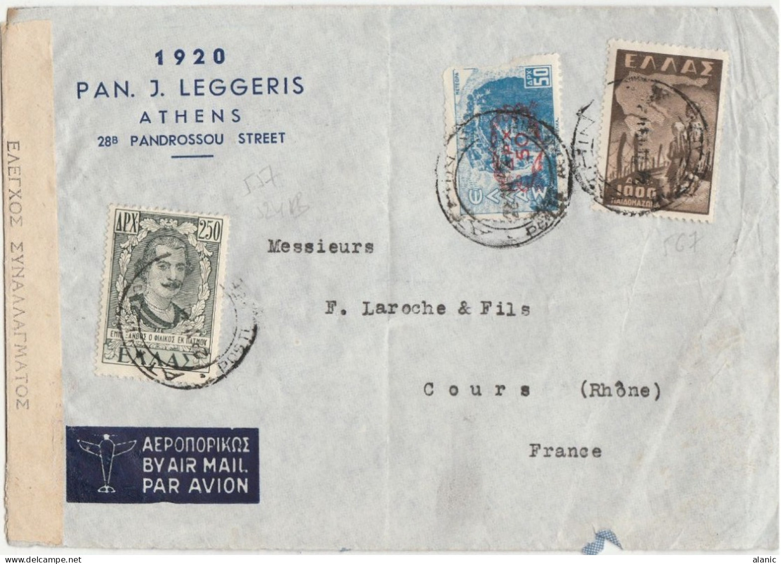 GRECE-N°524B+557+567 /Lettre Censurée -PAR AVION ATHENES Pour COURS(Rhône) - Lettres & Documents