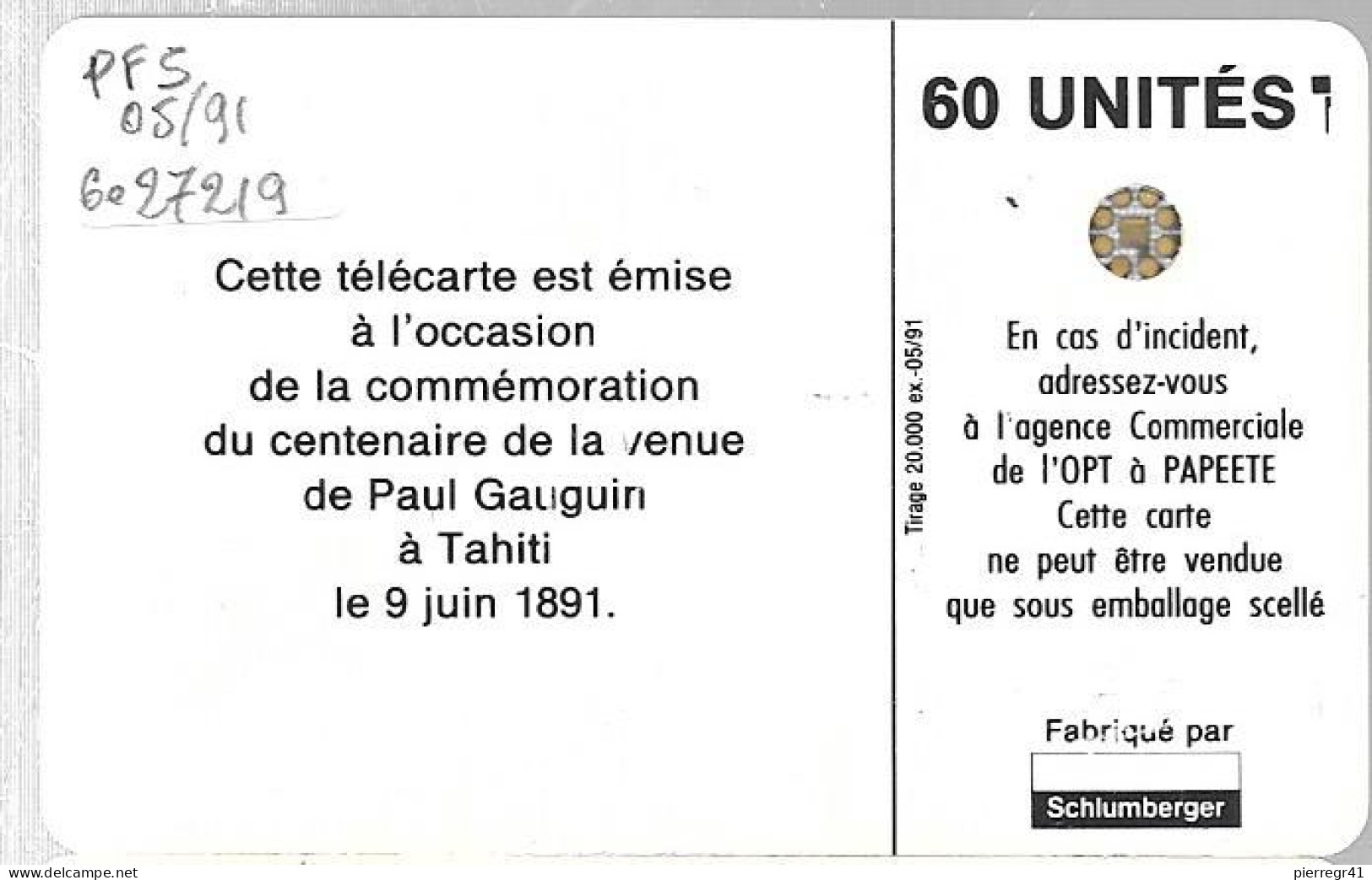 CARTE-PUCE-POLYNESIE-PF5 -SC4-60U-05/91-GAUGUIN-Les ORANGES-V° 5 Ge 27219-Utilisé-TBE-RARE - Polynésie Française