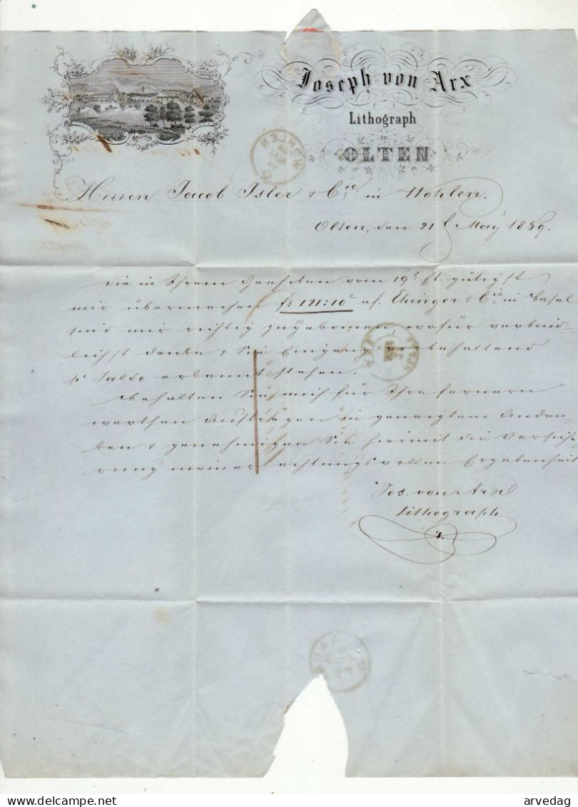 16723 JOSEPH VON ARX LITHOGRAPH - OLTEN TO WOHLEN - 1859 - Storia Postale