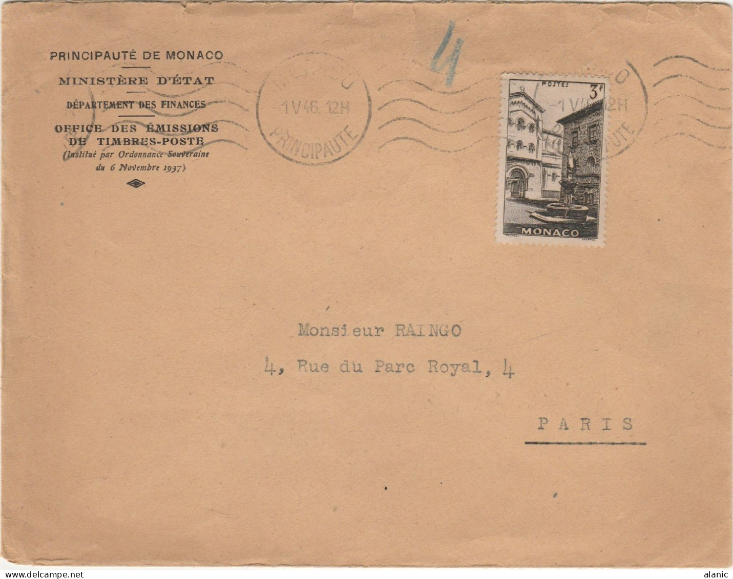 MONACO N°267 /Seul Sur Lettre  1-V-1946 Pour Paris - Briefe U. Dokumente