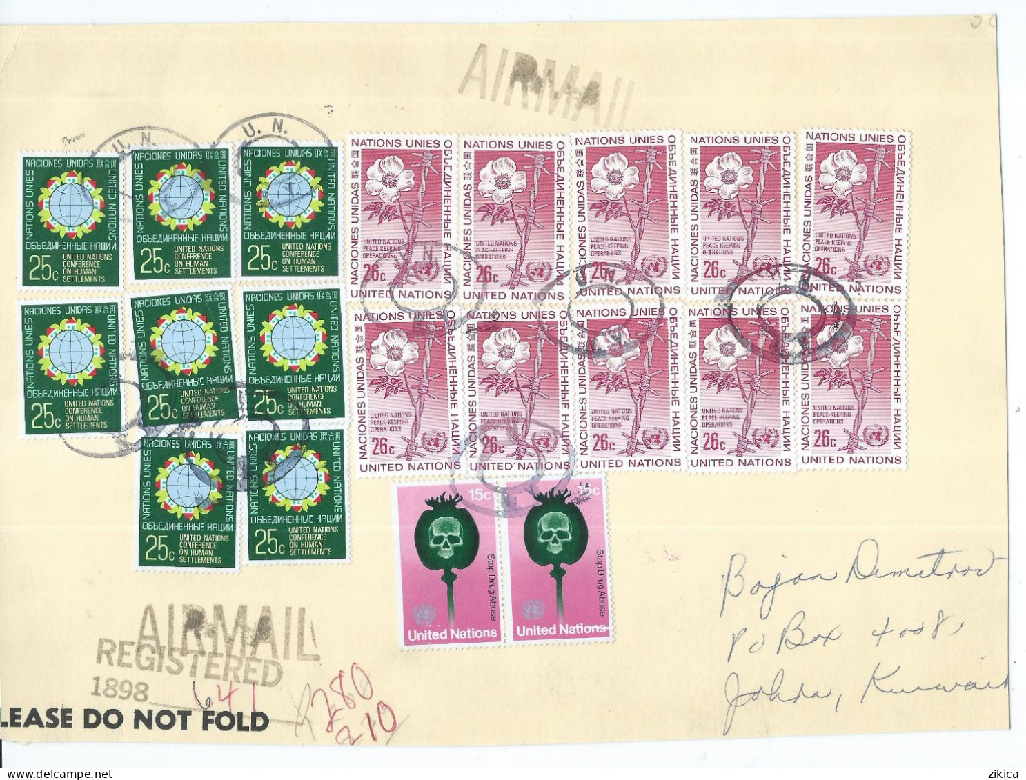 BIG CUT OF LETTER New York Stamps :1976 U.N.Human Settlements ,Peace-keeping Operations,1973 "Stop Drug Abuse" Campaign - Briefe U. Dokumente